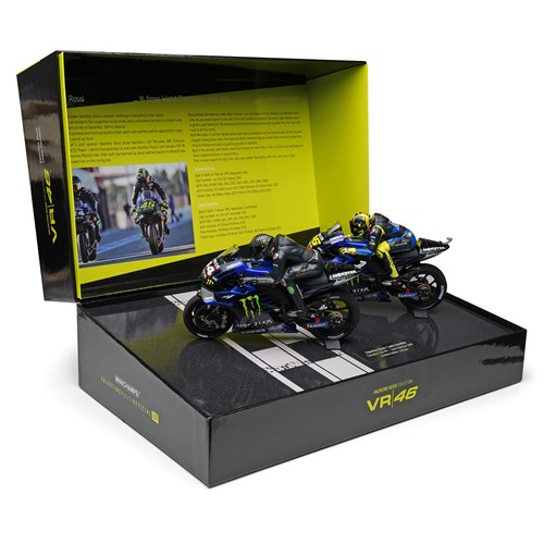 Minichamps Yamaha YZR-M1 2 Bike Set W. Figures - 2019 Valencia Ride Swap - #46 V. Rossi & #44 L. Hamilton 1:12