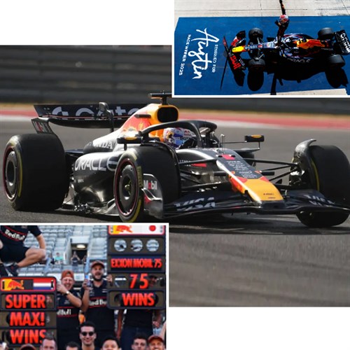 Spark Red Bull RB21 w. Pit Boards & Large Base - 1st 2025 American Grand Prix - #1 Max Verstappen 1:43 model car