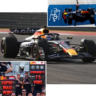 Spark Red Bull RB21 w. Pit Boards & Large Base - 1st 2025 American Grand Prix - #1 Max Verstappen 1:43 model car